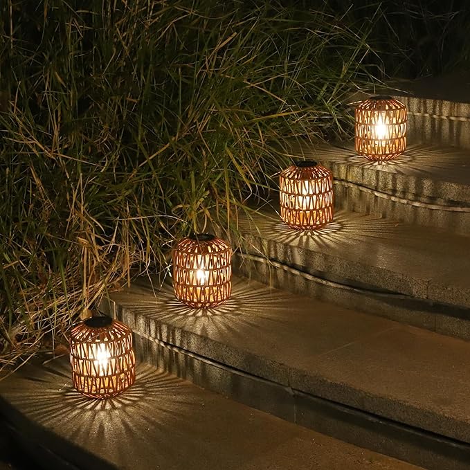 Rattan Solar Lights, 4 Pack Solar Lanterns Outdoor Waterproof, Outdoor Lights for Yard, Hanging Lantern with Handle, Decorative Lanterns for Garden, Tabletop, Tree Lighting (Bulbs Included)