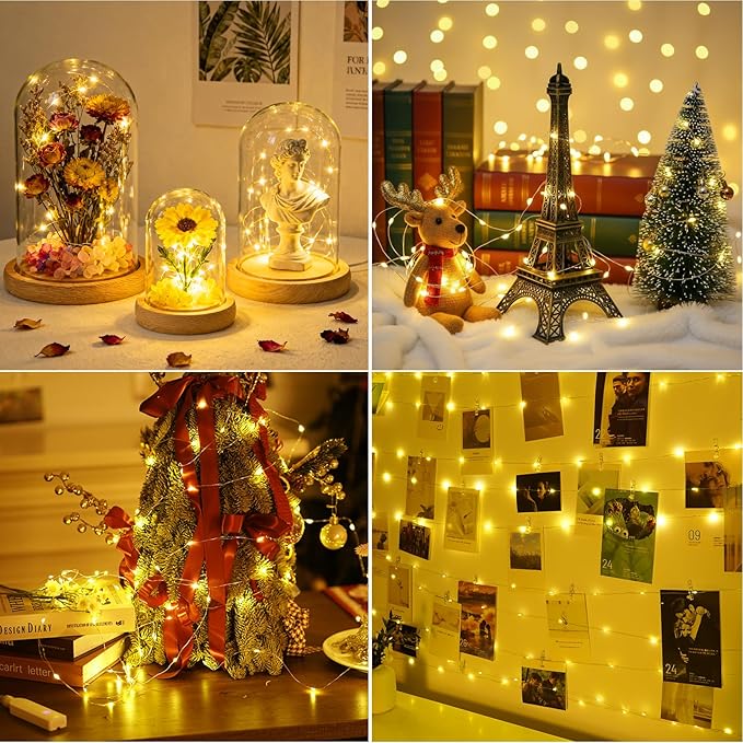 32FT(16 * 2) Fairy Lights Battery Operated, Rechargeable String Lights with Timer, Mini Waterproof LED Twinkle Lights for Bedroom, Christmas Decorations, Wedding Party Decor, Warm White