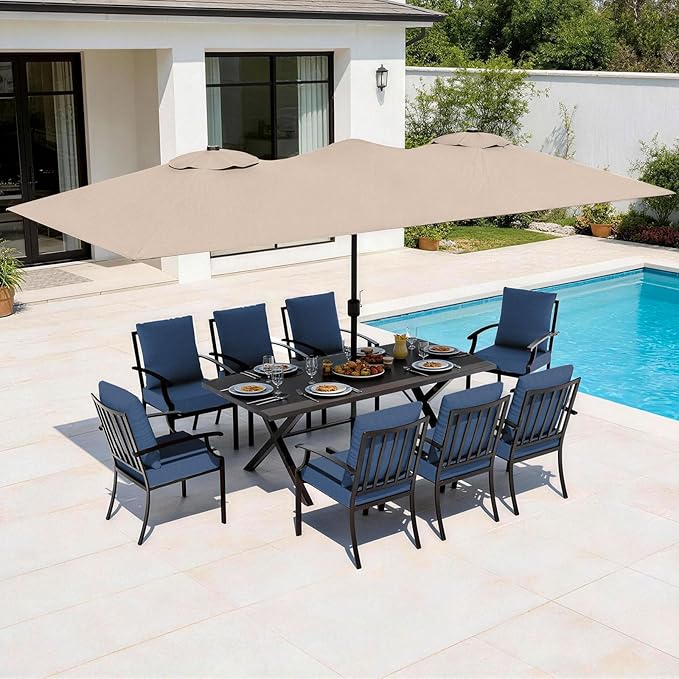 10-Piece Patio Dining Set,Metal Outdoor Furniture Set Includes 13.6FT Sand Umbrella,Hole Cut-Out 78.7" x 35.4" Table and 8 Metal Backrest Chairs for Backyard,Garden,Navy