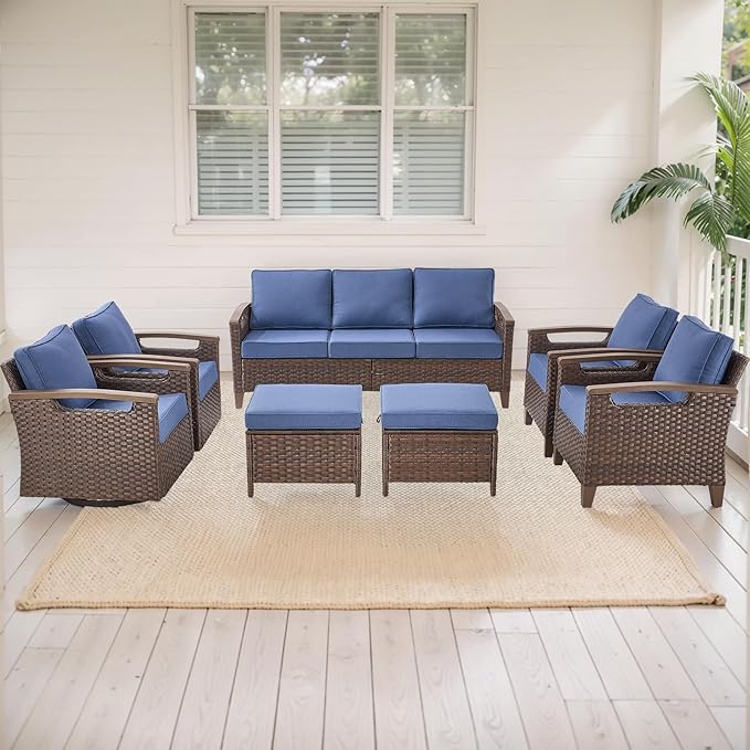 Rilyson Wicker Outdoor Patio Furniture Set - 7 Piece Patio Conversation Sets with Swivel Rocker Chairs, Chairs, Ottomans and Sofa, Thick Cushions, Waterproof Wicker, for Porch Deck Brown/Blue