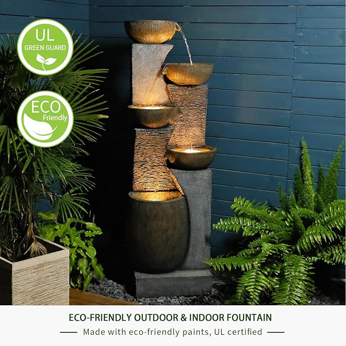 Outdoor Water Fountain - 51.4 Inches 5 Tired Modern Indoor Floor Standing Outdoors Fountains with Lights Pump for Garden Patio Backyard Porch Home Art Decor