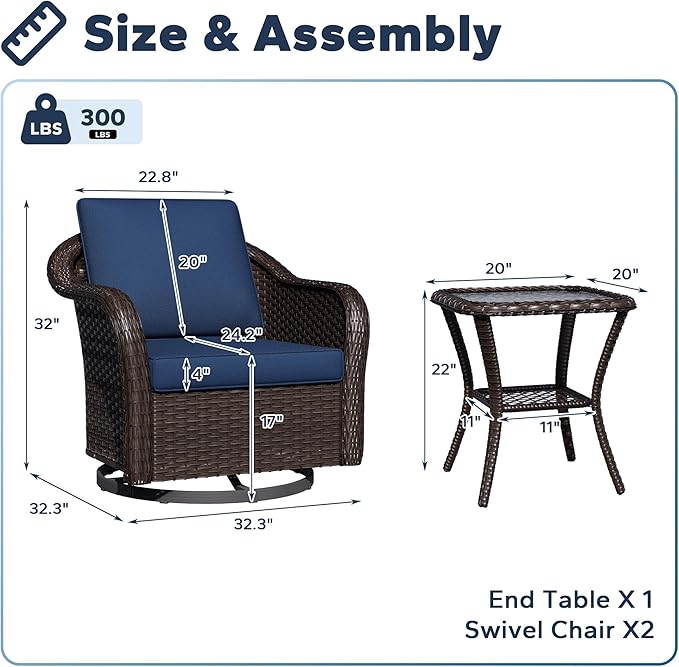 4 PCS Outdoor Conversation Set | 4 Swivel Chairs, 2 Side Tables, Patio Wicker Conversation Furniture with Removable Cushions for Bistro, Deck, Sunroom (Navy Blue)