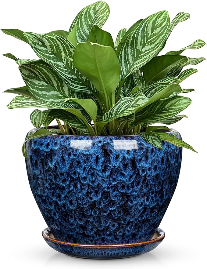 Hollyone 9inch Ceramic Planter Blue Ceramic Plant Pot for Plants Flowers with Drainage Hole and Saucers Ceramic Glaze Round Flower Plant Pot for Indoor Outdoor Large Round Succulent Orchid Flower Pot