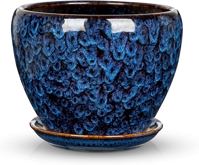 Hollyone 7inch Ceramic Planter Blue Ceramic Plant Pot for Plants Flowers with Drainage Hole and Saucers Ceramic Glaze Round Flower Plant Pot for Indoor Outdoor Medium Round Succulent Orchid Flower Pot