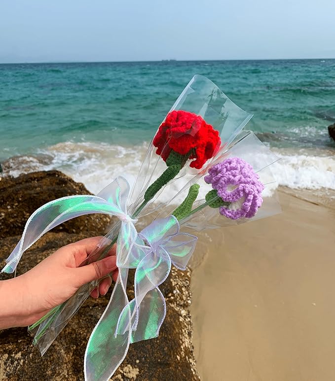 YOOJEE Crochet Flower Purple Carnation Graduation for Wife & Grandma Handmade Knitted Carnation for Women Coworkers Teachers Purple Yarn Flower