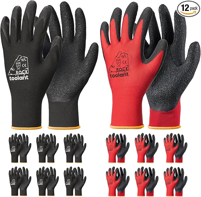 toolant Crinkle Latex Work Gloves Bulk, Rubber Coated Safety Work Gloves for Men and Women, 12 Pairs for Construction, Gardening, Warehouse (Black & Red, Large)