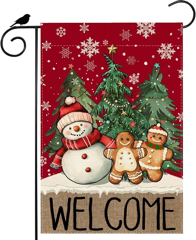 Welcome Garden Flag Winter Snowman Gingerbread Man Pine Trees Christmas Yard Flag 12x18 Inch Double Sided Small Mini Yard Outdoor Outside Xmas Holiday Party Decoration