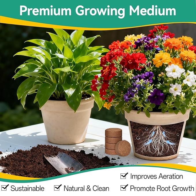 ZeeDix 50pcs(50mm) Coco Coir Pellets Potting Soil Indoor Plants, Compressed Coconut Coir Soil Pellets Seed Starting Pellets Discs for Planting Flowers Bonsai Herbs Plants and Vegetables