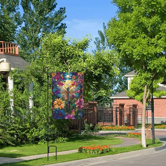 Dragonfly Flowers Garden Flag Vertical Double Sided Outdoor Yard Flags 12.5x18 Inch Burlap Banners for House Lawn