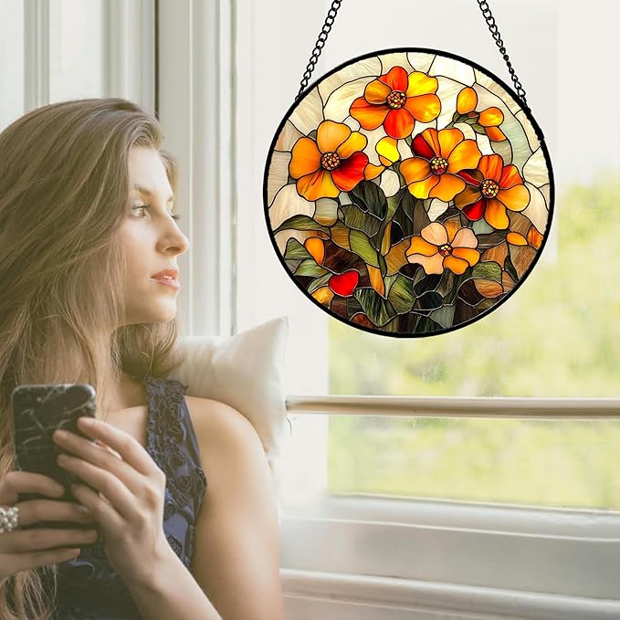 Stained Glass Window Hanging - Orange Marigolds Flowers Suncatcher for Door Garden Yard Sun Catchers Decor Christmas Mother's Day Birthday Gifts for Women Mom Nana Girlfriend Men 9.8 in