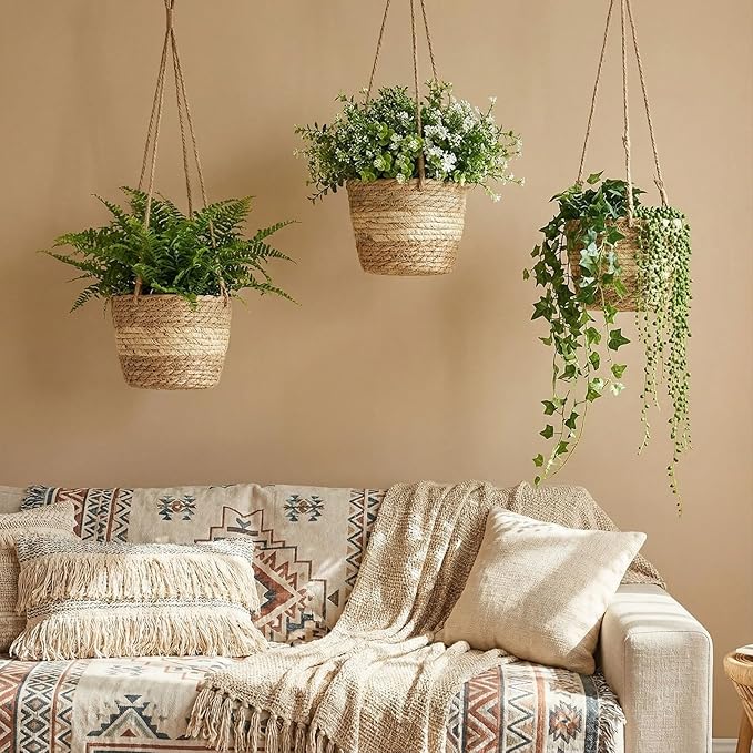 6 Pcs Seagrass Hanging Planter Basket Hand Woven Plant Basket with Plastic Liners Hanging Plant Holder Storage Containers with Cotton Rope for Indoor Outdoor Garden Home Decor(Beige)