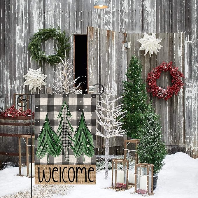 Welcome Christmas Trees Winter Garden Flag 12 x 18 Inch Vertical Double Sided Buffalo Plaid Holiday Yard Outside Xmas Décor