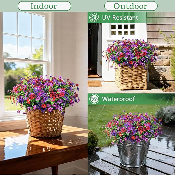 Artificial Flowers for Outdoors 12 Bundles Fake Plants Spring Home Decoration, Realistic Faux Flower Silk Daisy with Eucalyptus Stem UV Resistant Patio Planter Porch Yard Window(Mix 4 Colors)