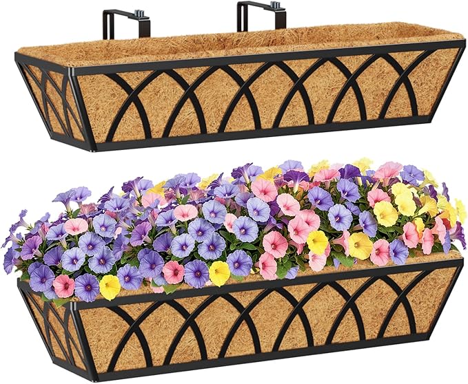 Y&M Planter, 24in Metal Box with Coco Liner, Indoor Outdoor Window/Railing Planter, 2pcs, Black