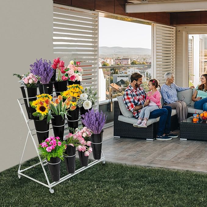 Flower Display Stand with Buckets, 3 layers Metal Plant Stand with Wheels, Moving Florist Bouquet Shelf for Fresh Flower Shop, for Patio Garden, Living Room, Outdoor Flower Pop-Up Events (Black Frame - Black Bucket)