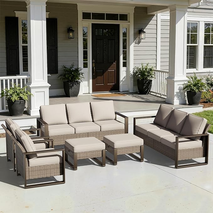Joyside Outdoor Patio Chairs, 5 Pieces Wicker Rattan Furniture Set, 2 Patio Chairs, 2 Sofa and 2 Ottoman, Metal Wide Armrest, Thick Cushions and Deep Seating for Garden, Backyard, Porch, Deck