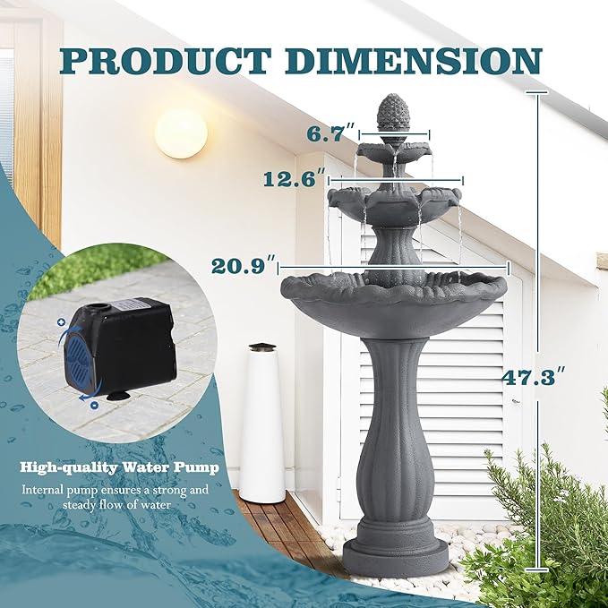 MAGIC UNION Garden Water Fountain Outdoor, 47.3" High Large Roman Italian Indoor Waterfalls, 3-Tier Standing Water Feature Fountains w/Pump & Pineapple Top for Outside Patio, Yard and Lawn (Gray)
