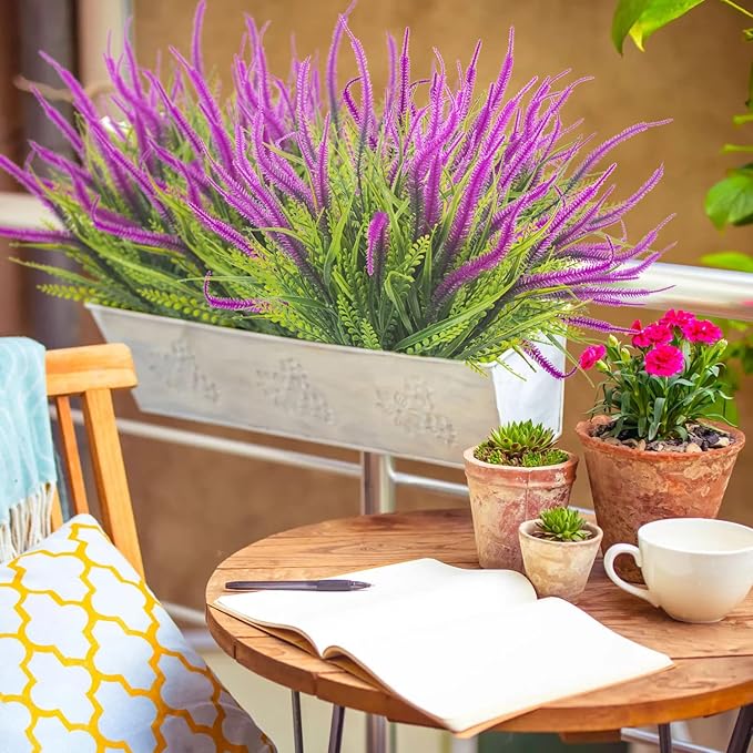 Grunyia 10 Bundles Artificial Plants Outdoor Fake Grass with Flowers UV Resistant Greenery Garden Porch Window Box Decorating (Magenta)