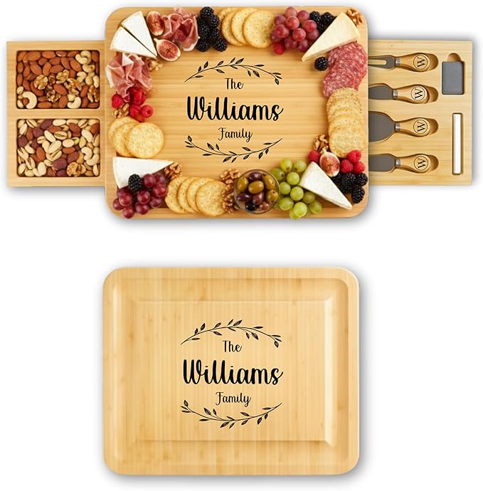 Personalized Charcuterie Board Set, Custom Engraved Bamboo Cheese Board, Christmas, Wedding and Housewarming Gift for Couples, Anniversary and Bridal Shower (2 DRAWERS)