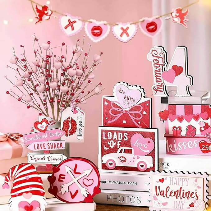 4 Pcs Artificial Flowers Berry Stems Valentine’s Day Picks Artificial Berry Flower Stems with Pink Hearts Valentine Floral Picks for Table Centerpiece Anniversary Wedding