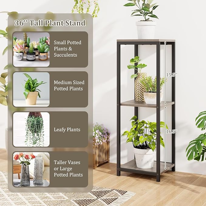 Giantex 3 Tier Tall Plant Stand Indoor, 36 Inch Corner Plant Holder with Metal Frame, Modern Plant Shelf for Multiple Flower Pots, Square Plant Tables for Balcony, Living room, Garden, Tall Plant Stand