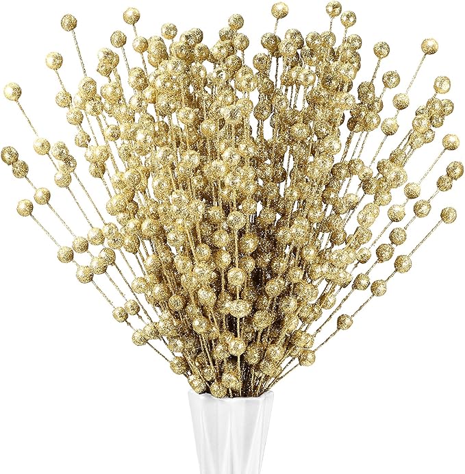 Syhood 200 Pcs Glitter Berry Stems, 13.8 Inches Christmas Berry Picks Holly Branches for Christmas Tree Decorations, Holiday Ornaments Home Decor and DIY Crafts(Gold)