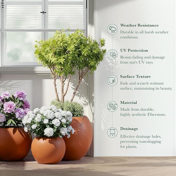 DTY Signature Mount Sherman 12.6''D x 9.8''H Modern Indoor Outdoor Fiberstone Sphere Planter, Durable Round Garden Pot, Weather Resistant, Drainage Hole & Rubber Plug - Small, Terracotta