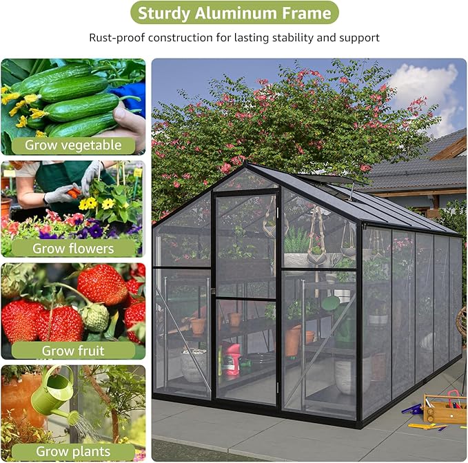 6x10 Ft Greenhouses for Outdoors, UV-Coated Polycarbonate Panels and Aluminium Green Houses for Outside, 2 Roof Vents, Invernaderos para Plantas Exterior, Walk-in Greenhouse Kit for Backyard, Lawn