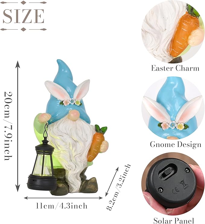 TERESA'S COLLECTIONS Easter Bunny Gnome Decorations with Solar Outdoor Light for Garden Decor, Spring Resin for Outside, Decorations for Patio Home Yard, Ideal Gifts for Dad and Mom, 8"
