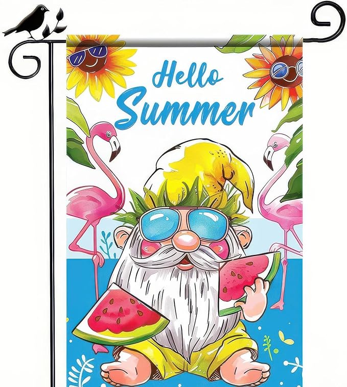 Hello Summer Gnomes Garden Flag Watermelon Flamingos 12x18 Double Sided Hawaii Tropical Beach Holiday Ocean Sea Yard Small Banner for Seasonal Outdoor Party Decoration