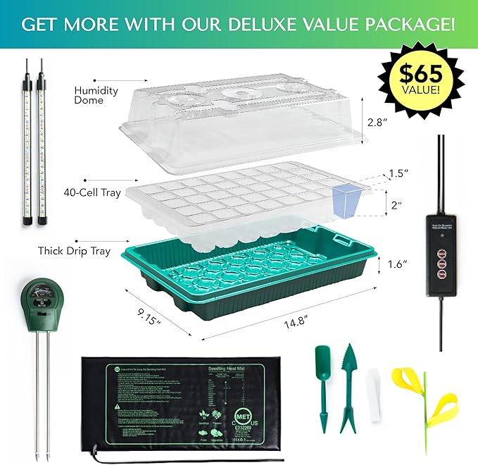 GROWFRIEND Seed Starter Kit with Grow Lights & Heat Mat – 40-Cell Seed Starter Tray, Humidity Dome, Soil Moisture Meter & Sticky Gnat Traps – Indoor Greenhouse & Plant Propagation Station