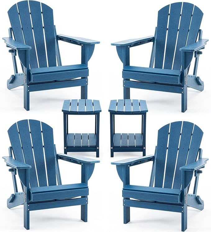 Folding Adirondack Chair Set with Side Table - HDPE Outdoor Patio Chairs, Weatherproof Chair with Reclining Back, Cup & Phone Holder, and 2-Tier Storage End Table for Firepit or Garden (Blue)