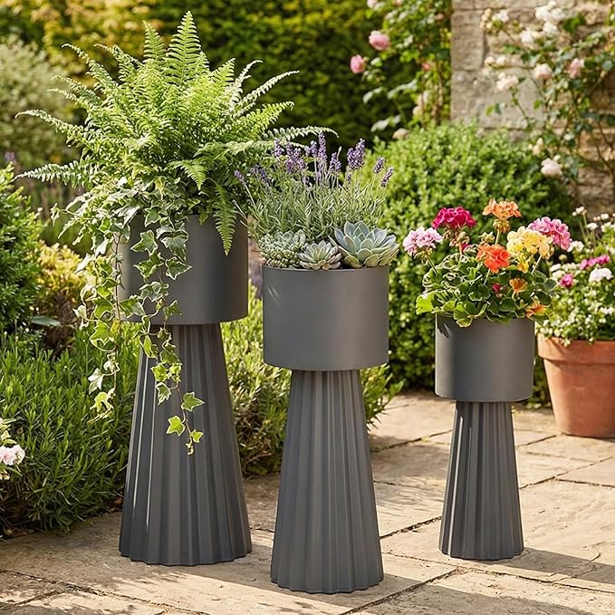Wennzy Tall Round Flower Pots, Set of 3 Metal Planters for Indoor Outdoor Plants, Large Planter Pot, Planters for Garden Front Porch Patio, 22.83", 26.77", 29.72" H, Dark Gray