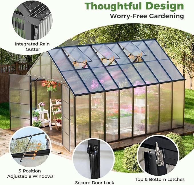 16x10x10 FT Greenhouse for Outdoors, Large Thicker Aluminum Polycarbonate, 3 Vent Windows, Swing Door & Quick T Connector, Walk-in, for Outside, Backyard, Garden