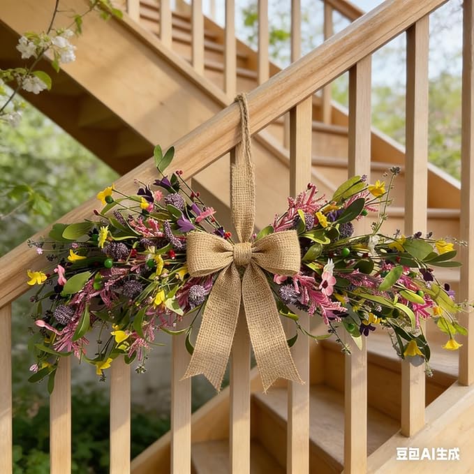 22'' Spring Floral Swag Wreath for Front Door Artificial Greenery Flower Teardrop Swag with Pink Yellow Daisy Wildflower Lavender for Farmhouse Kitchen Cabinet Porch Wall Window Wedding Arch