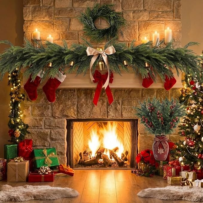 24 Pcs 23 Inch Christmas Realistic Norfolk Pine Branch Set with Red Berry Stems Artificial Green Plants Branches Faux Greenery Stem Fake Cedar Picks for Vase DIY Garland Wreath Home Decor