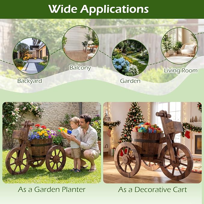 Giantex Wooden Wagon Planter with Wheels Set 2, Rustic Wood Plant Stand with Drainage Hole for Flowers Herbs Vegetables, Indoor Outdoor Decorative Garden Flower Cart for Patio Backyard Balcony