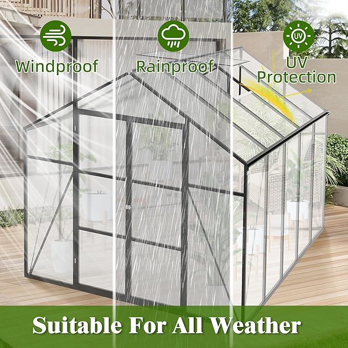 8x10 FT Greenhouses for Outdoor,Heavy Duty Polycarbonate Greenhouse,Large Walk-in Garden Green House with Raised Base,Double Doors and Two Ventilation Windows for Outside, Backyard,Black