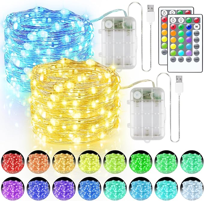 33ft 100LED Fairy Lights Battery Operated, 2 Pack 16.5ft 16 Color Changing String Lights with Remote Timer, RGB Waterproof Twinkle Lights for Indoor Outdoor Room Garden Yard Decor