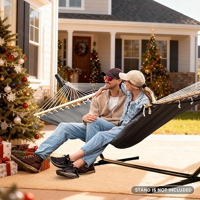 SUNCREAT Portable Tree Hammock with Hardwood Spreader Bar, Extra Large Soft Pillow, Heavy Duty 2 Person Hammock for Indoor, Outdoor, Gray