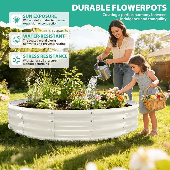 6FT Diameter Galvanized Garden Raised Bed/Plant Box/Fire Pit Ring-0.8mm Thick,12 Inch Tall,Crimped Edge and Corner,No Sharpe,Perfect for Plantings (Cream White, 72 Dia X 12 inches)
