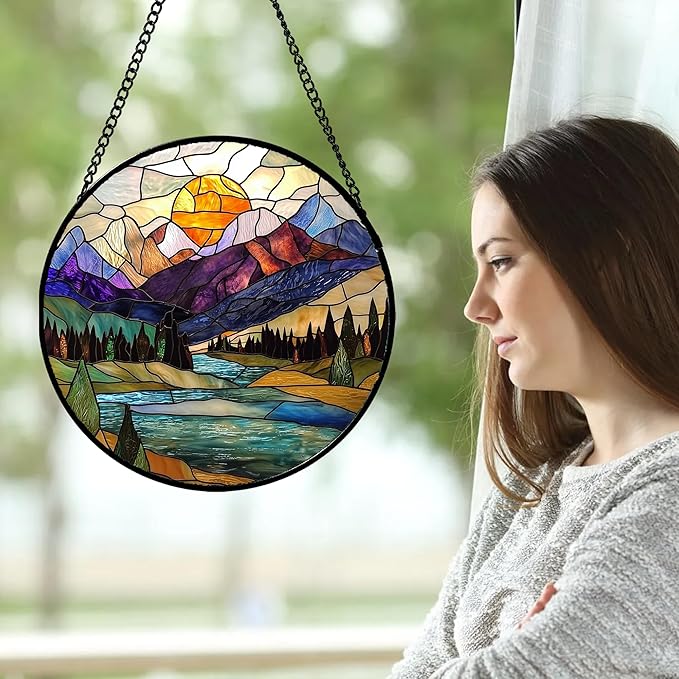 Stained Glass Window Hanging, Blue Lake Golden Sun Abstract Mountains Landscape Suncatcher for Doors Window Home Sun Catchers Decor Mother's Day Birthday Gifts for Women Men Mom 6.3 in