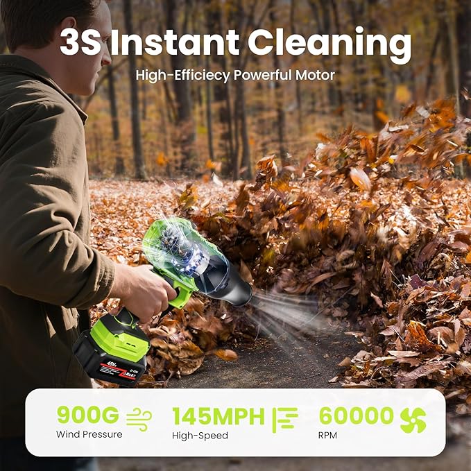 Leaf Blower Cordless, 48V Dual Batteries, 30000 RPM Turbo Jet Blower with Extended Nozzles, Digital Camera – 4K 64MP, 18X Zoom, Leaf/Car/Snow/Dust Cleaning in Patio & Yard, Green