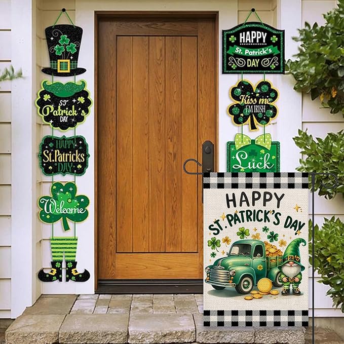 Happy St Patricks Day Garden Flag 12x18 Inch Double Sided Shamrocks Gnome Truck Buffalo Plaid Outside Small Flag for Yard Outdoor Holiday Decoration