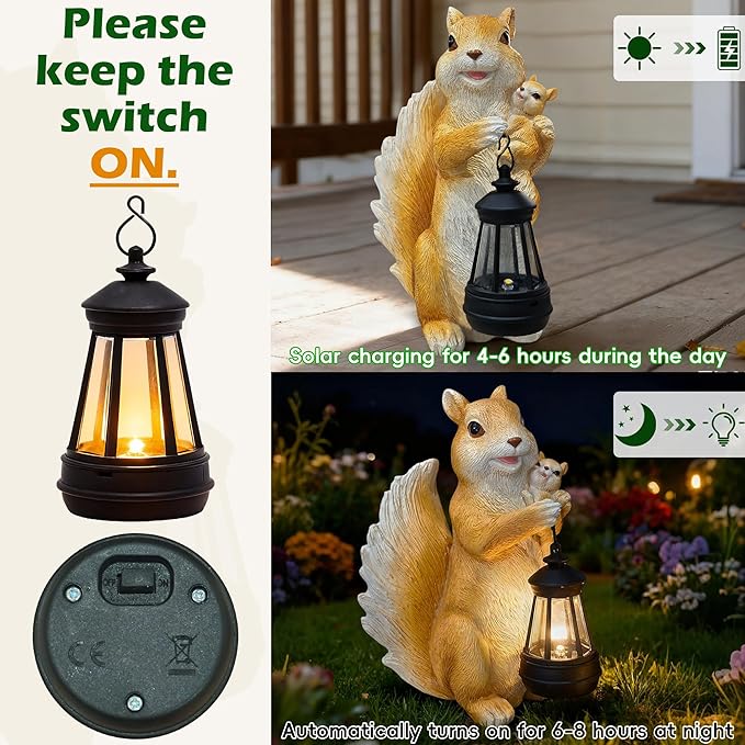 Solar Garden Statues Outdoor Decor – Cute Squirrel Statue with LED Lights, Waterproof Animal Figurine Lawn Ornament for Yard, Patio or Porch, Garden Decor Gift for Women & Mom