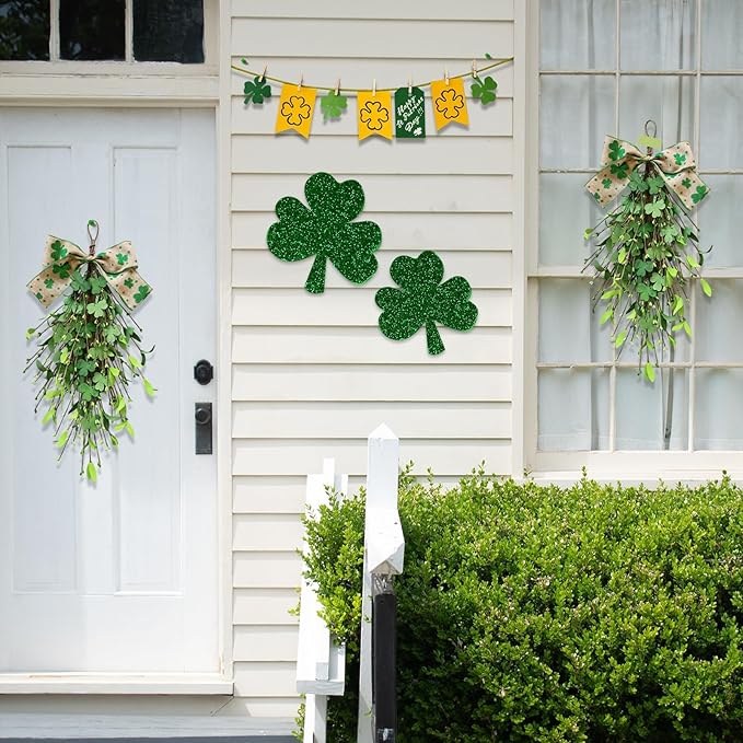 2 PCS St.Patrick's Day Swag Wreath for Front Door Artificial Shamrock Teardrop Swags Wreath Lucky Irish Kitchen Cabinet Wreaths for Home Indoor Outdoor Porch Wall Window Fireplace Mantel Decoration