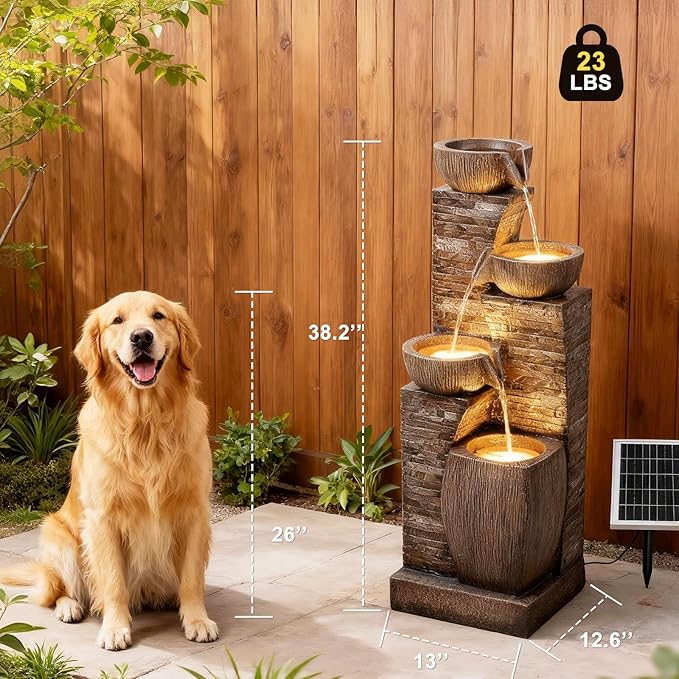 Solar Water Fountain Outdoor Garden, 38.2" Tall Stone Texture Modern Outdoor Fountain with 4 Tiers Cascading Bowls and Pump Solar Panel for Patio, Deck, Porch, Backyard Home Decor