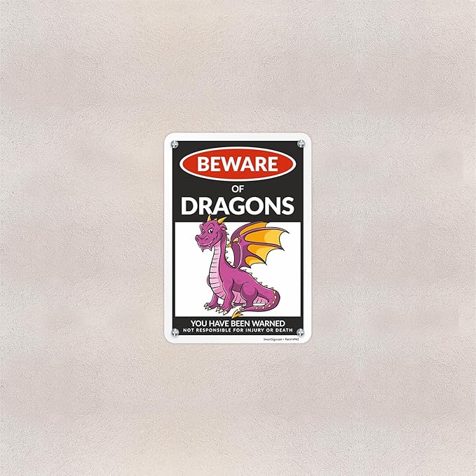 SmartSign Funny Beware Of Dragons Warning Sign - 10"x7", 40 mil Laminated Rust-free Aluminum - Metal Signs for Wall Decor, Outdoor, Patio, Gifts, Cafe - Dragon Theme, Made in USA