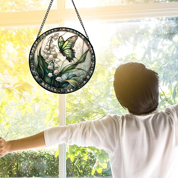 DASTOLL Stained Glass Window Hanging, Lily of The Valley Flower Butterfly Suncatcher for Doors Home Sun Catchers Decoration and Christmas, Mother's Day Birthday Gifts for Women, Men, Mom 7.8 in