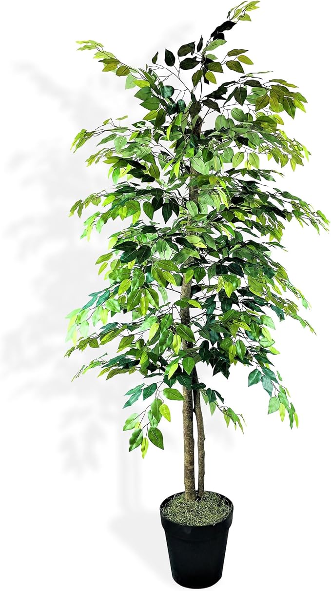 LCG Florals 6ft Artificial Ficus Tree in Black Plastic Pot - Real Wood Trunk, Preassembled, No Maintenance Indoor Faux Plant - Living Room, Home & Office Decor